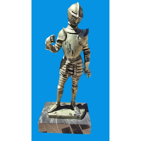 Vintage 1969 Depose Italy Fontanini Pewter Knight Figurine Carrara Marble Base - Picture 1 of 12